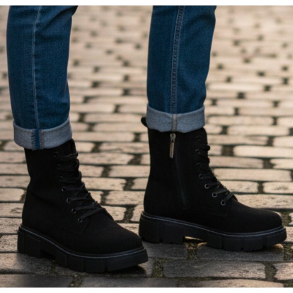 Black Chunky Platform Lace-Up Ankle Boots With Side Zipper Faux Suede Material W - Picture 7 of 7